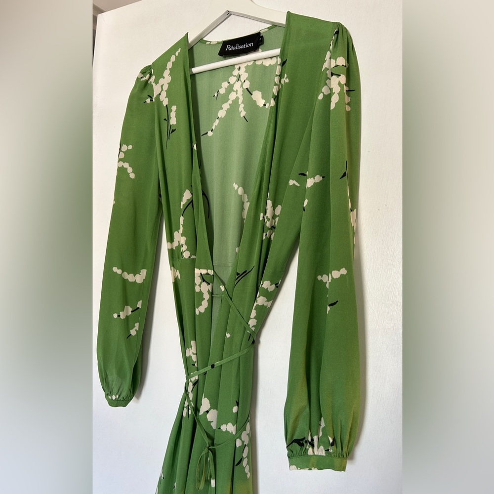Realisation Par long sleeve silk wrap dress